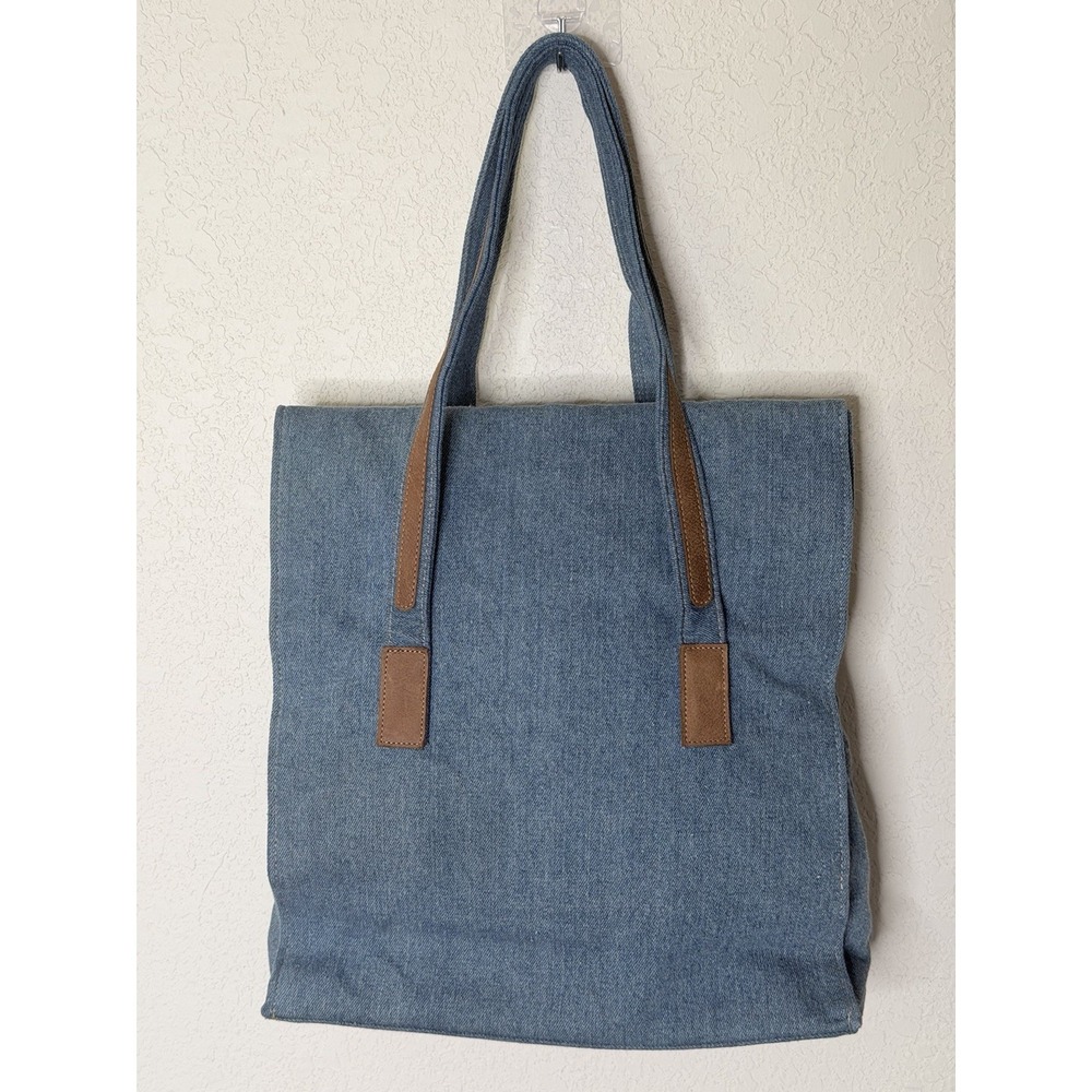 USA Denim Leather Trim Tote Blue Shoulder Bag Large Foldable Le Voar Purse - Picture 2 of 10